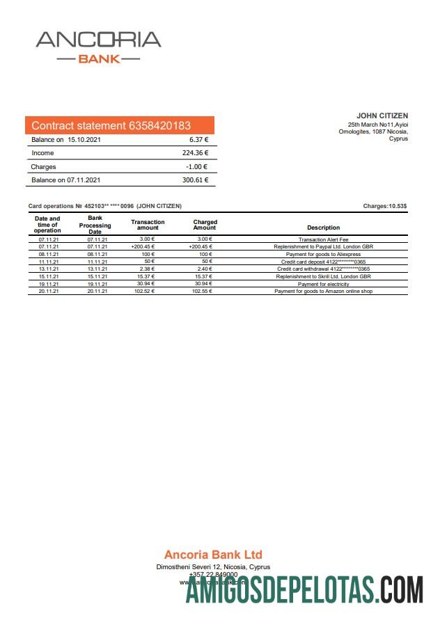 Exemplo de extrato bancário âncora de Chipre